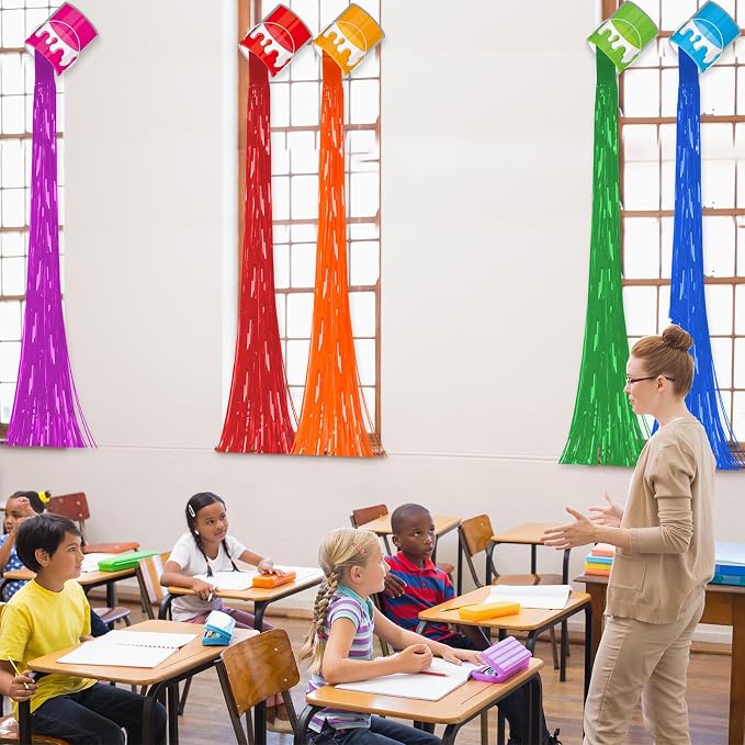 6 Set Art Paint Party Decoration Back to School Paint Cans with Rainbow Foil Fringe Curtains Art Theme DIY Colorful Splatter Backdrop Decoration for Birthday Classroom School Art Party Supplies