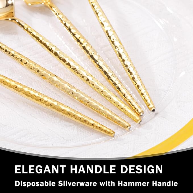 Supernal 360PCS Gold Plastic Silverware, Plastic Utensils Heavy Duty,Gold Silverware Disposable,Disposable Cutlery,Hammered Utensils Set Includes:120 Knives,Forks and Spoons for Party,Birthday,Wedding