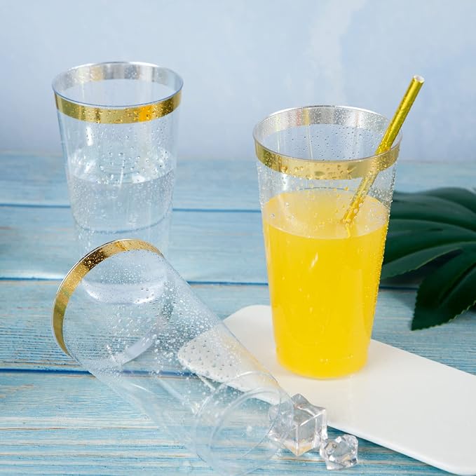 LIYH 100 Pcs Gold Plastic Cups - 16 oz Clear and Gold Rim Plastic Wine Cups, Big Size Fancy Disposable Party Cup Beverage Drinking Cup for Party & Wedding
