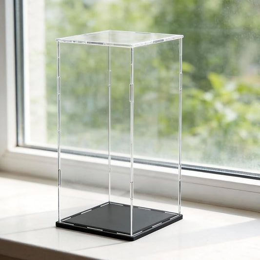 SVENJBB Display Case for Red Vine Bottle, Acrylic Box for Trophy and Toy Figures, Clear Acrylic Display Cases with Matte Black Base for Collection Protection and Storage, 7x7x16 inch