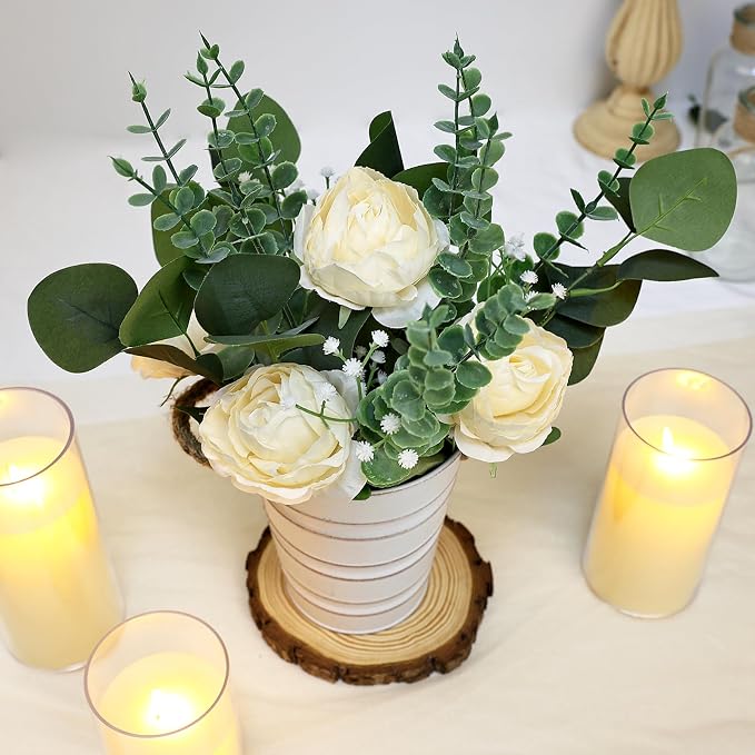 Artificial Flowers in Pot - 10 Inches Pre-Made Large Faux Silk Rose Floral Greenery Table Centerpieces with Rustic Tall Metal Vase for Farmhouse Home Decoration - Champagne
