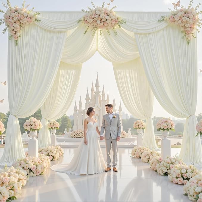 20x16ft Ivory Backdrop Curtains for Wedding Party, 4 Panels 16 ft Long Back Drop Cloth, Wrinkle-Free Polyester Drapes for Birthday, Baby Shower, Stage Photography Background