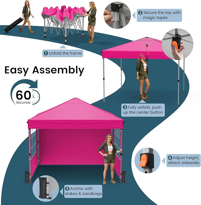 Raynesys Pop Up Canopy Tent with Sidewalls, 10x10ft 10 Person Party Tent One Push Setup, Portable Gazebo Outdoor Sun Shade for Events, Parties, Camping, Commercial, Silver Coated Top, Pink