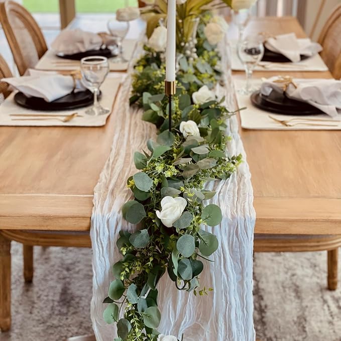 CQURE 7Pcs Eucalyptus Garland,Artificial Eucalyptus Leaves Table Greenery Garland Wreath Vines for Wedding Party Table Fireplace Bedroom Wall Room Decor
