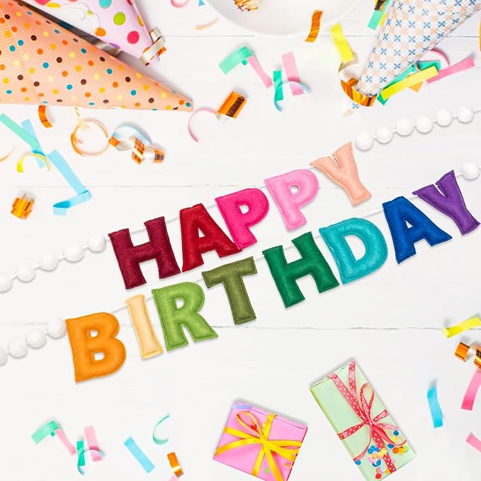 2Pcs Upgraded Pre-Strung Ultra-Soft Wool Felt Happy Birthday Banner Sign, Felt Ball Garland, Rainbow Theme Party Decorations, Reusable Colorful Birthday Garland for Party Decor, Room Decor, Photo Prop