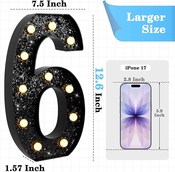12.6 Inch LED Black Marquee Light Up Numbers, 6th Birthday Decorations Number Lights as Gifts for Girls Boys, Glitter Lighted Marquee Numbers for Black Anniversary Party Table Decor, 6