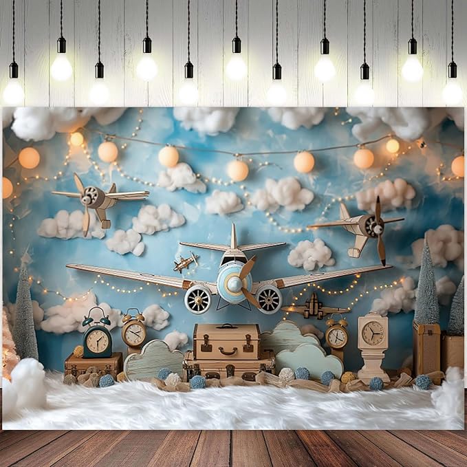 12x8ft Vintage Airplane Photography Backdrop Blue Sky White Clouds Retro Aircraft Theme Background for Newborn Baby Shower Banner Boys Birthday Party Photoshoot Studio Photo Booth Props