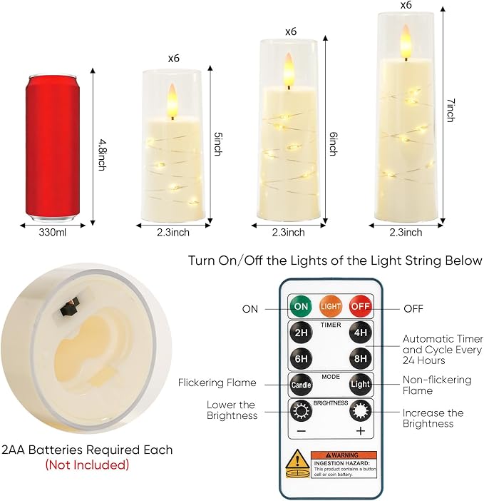 Raycare Flameless Candle with Remote Timer, 18 Flickering Acrylic Battery Operated LED Pillar Candles with Embedded Star String for Home Decor(Ivory)