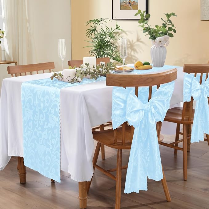 MILVOWOC 12 Pack Light Blue Satin Table Runner, 12 x 72 Inch Jacquard Damask Rectangle Bright Silky Decorative Table Runner for Party Banquet Birthday Dinner Wedding Table Decor