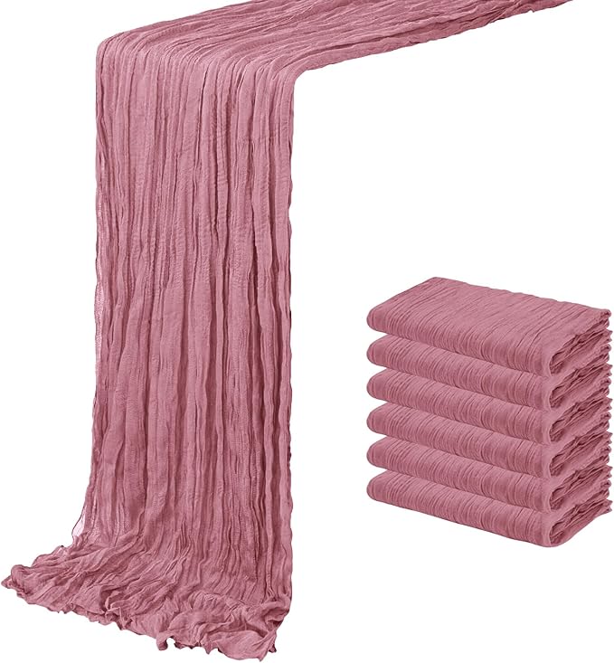 6 Pack Dusty Pink Cheesecloth Table Runner 20 x 120 inch Gauze Table Runners 10 FT Long,Semi Sheer Cheese Cloth Fabric Table Runner Bulk for Wedding,Party,Baby Shower,Bridal Shower Decoration