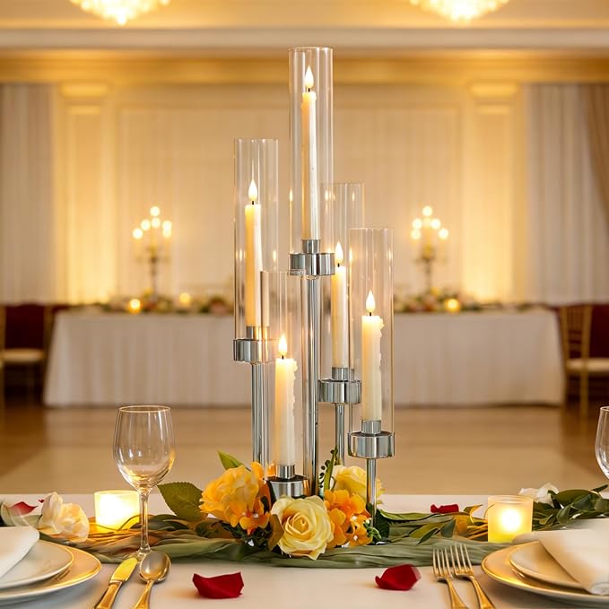 2 Pcs 5-Arm Silver Metal Table Candelabra Centerpiece, 22" Tall Clear Candlesticks Holder with Shade for Valentines Day Events Party Table Centerpiece,Fit LED Candles