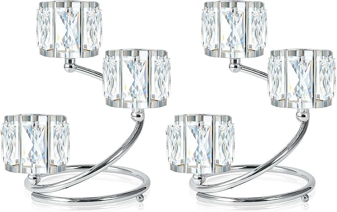 Metal 3 Arm Crystal Candle Holder - Tea Light Centerpiece Candle Holder, Votive Holder with Sparkling Crystal Bowl, Suitable for Wedding, Table Centerpiece, Home Decor (2, 3 arm-Silver)