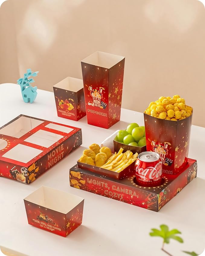 Baffect Movie Night Snack Trays 100pcs Include 20 Movie Night Trays, 20 Popcorn Boxes, 20 Salad Bowls, 20 Nacho Bowls, 20 Movie Party Invitations, Outdoor Movie Night Supplies For Nacho Bar
