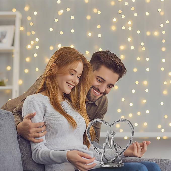 Anniversary Wedding Gift for Her Wife Husband Couple， Antique Silver Metal Couple Figurine Heart Sculpture Love Statue，Romantic 1st to 60th Anniversary,Includes Gift Box and Gift Card，Valentines Gifts