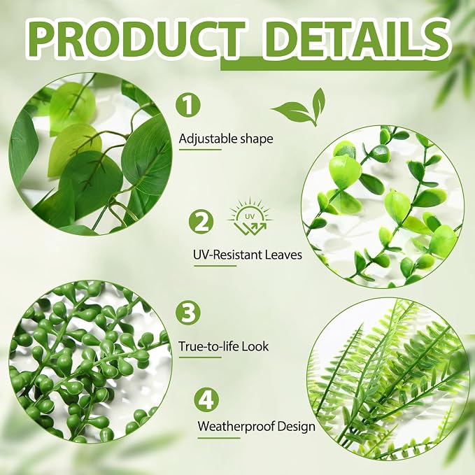 Daifunli Artificial Hanging Plants Fake Hanging Ferns Plastic Fake Plants for Wall Room Garden Garland Indoor Outdoor Decor No Basket (4 Pcs,Boston, Eucalyptus, Ivy Vine, String of Pearls)
