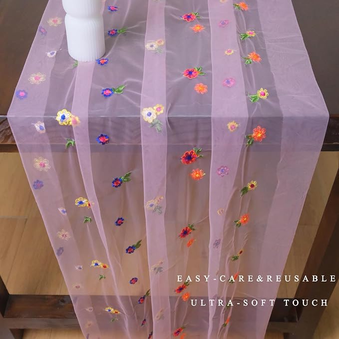 Set of 3 Flower Table Runner 10ft, 29 * 120 Inch Pink Table Cloth Sheer Tulle Table Cover,Embroidery Daisy Table Runner for Wedding Party Baby Shower Birthday Home Decor