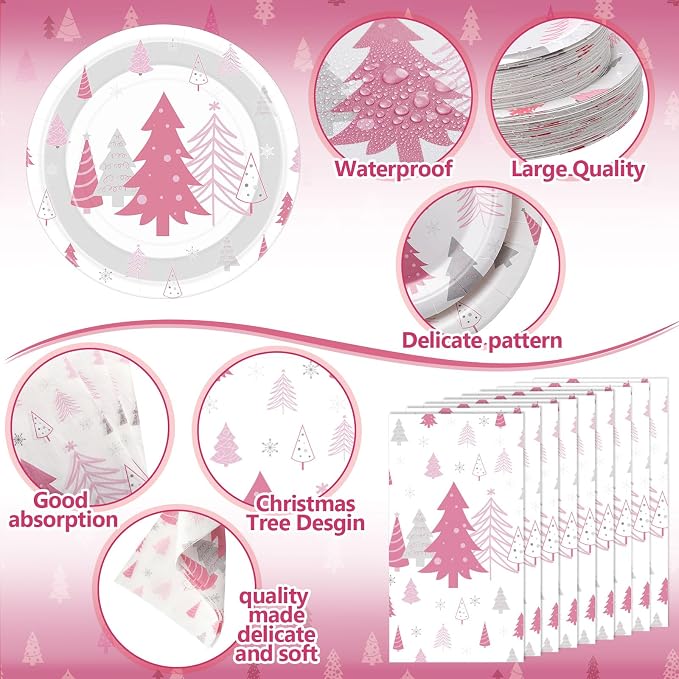 Pickmesh 400 Pcs Pink Winter Party Supplies Silver Xmas Tree Snowflake Disposable Paper Plates Napkins Cups Cutlery for Winter Xmas Christmas Birthday Party Table Decorations Serve 50