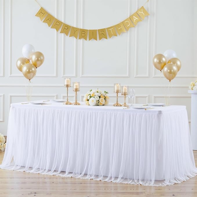 2 Pack White Tulle Tablecloths for 6 Foot Rectangular Tables, 6ft Wrinkle Free Spandex White Table Cover with Tutu Skirt for Wedding Bridal Shower Birthday Party Banquet Baby Shower Events Decorations