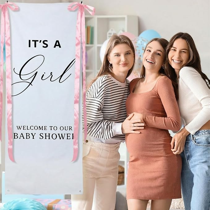 Oudain 24x60 Inch It's a Girl Burlap Banner, Baby Shower Fabric Backdrop with Pink Ribbons and Hooks, Rustic Boho Photo Props Sign for Gender Reveal Party Wall Hanging Indoor Outdoor Decoration