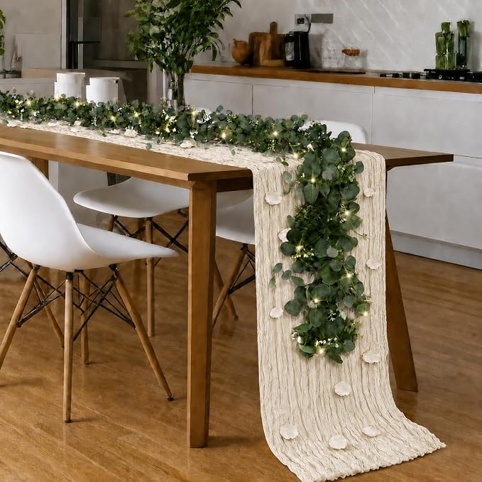 Cinrobiye 11PCS Boho Cheesecloth Table Runner Set with Rose Petals, 120'' Gauze Table Runner, Wrinkled Napkins, Eucalyptus Garland and String Lights for Wedding Baby Shower Tea Party Decorations