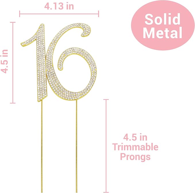 16 Cake Topper - Premium Gold Metal - Sweet 16 Birthday Party Sparkly Rhinestone Decoration Makes a Great Centerpiece - Now Protected in a Box