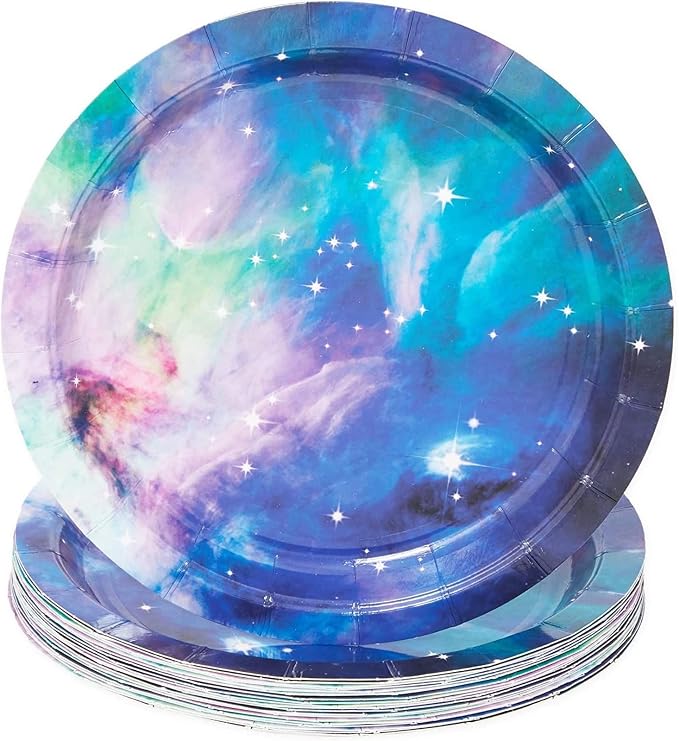 BLUE PANDA 168-Piece Space Birthday Decorations Set - Serves 24, Blue Galaxy 9" & 7" Plates, 9-Oz Cups, Napkins & 6" Cutlery - Moon & Stars Decor - Galaxy Party Cups & Cosmic Napkins