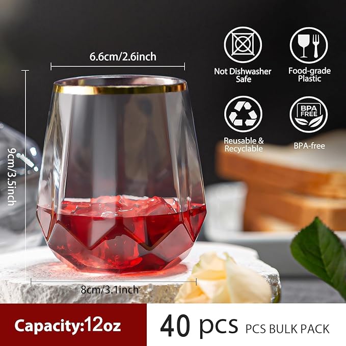 Oojami 40 Pack Disposable Plastic Wine Glasses 12oz Gold Rim - Diamond Stemless Cups for Champagne Whiskey Cocktail Unbreakable Shatterproof BPA-Free Reusable Recyclable for Wedding Birthday Party
