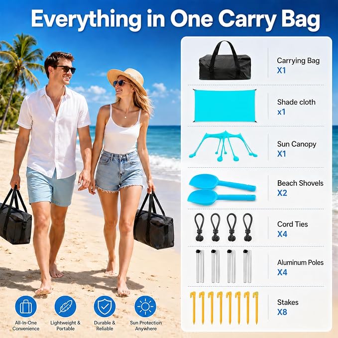 Large Beach Tent Sun Shelter with Sidewall, UPF80+ UV Protection Beach Tents Shade Canopy with 8 Sandbags, 4 Stability Poles for Sand, Camping, Fishing, Outdoor Tent Sun Shelters (11x11ft, Turquoise)