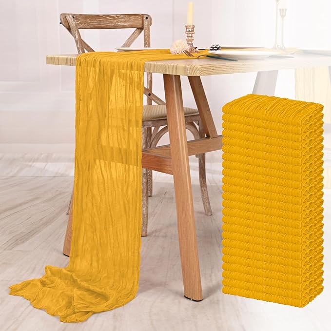 24 Pack Mustard Cheesecloth Table Runner 10FT Boho Gauze Cheese Cloth Table Runner Rustic Sheer Fabric Table Runners for Wedding Bridal Shower Baby Shower Party(21.5×120 Inch)