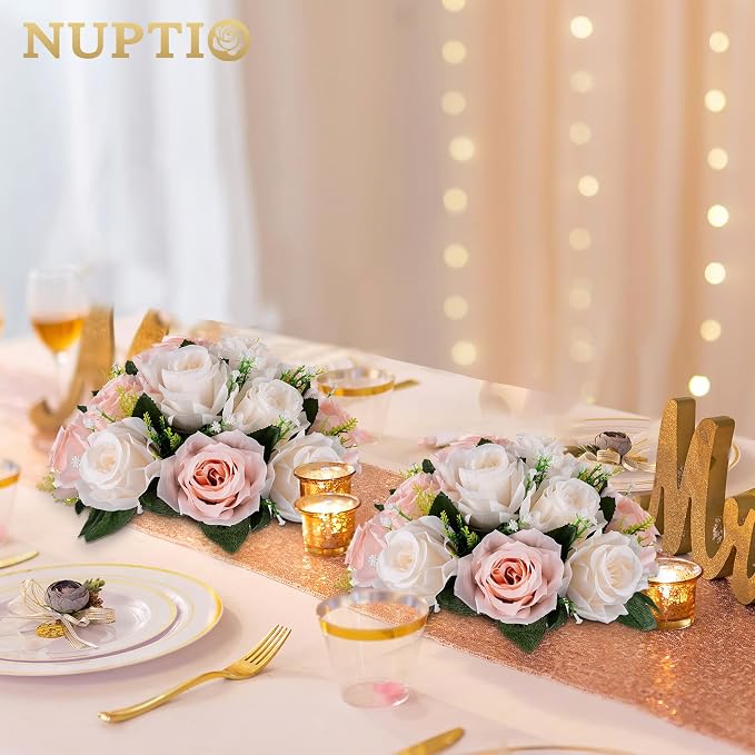 NUPTIO Flower Balls for Table Centerpieces: Artificial Rose Arrangement | 2 Pcs Peachy Pink & Creamy White Fake Floral for Wedding Birthday Party Bridal Shower Decor