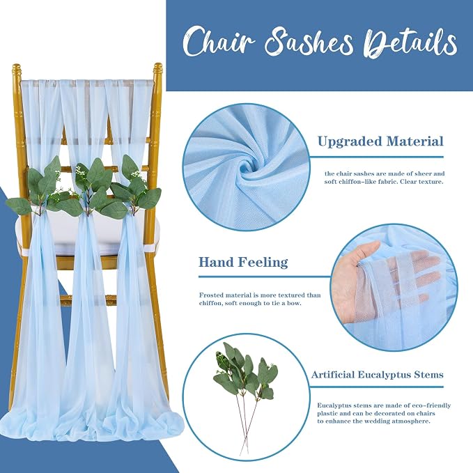QueenDream Light Blue Chair Sashes Wedding Aisle Decorations: 16 Packs 8ft Long Draping Fabric Sheer Church Chair Cover Bulk for Baby Shower Party Banquet