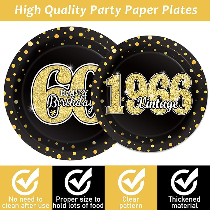 200PCS 60th Theme Birthday Party Tableware Vintage 1966 Party Supplies 60 year old Birthday Party Decorations Plates Napkins Forks Black and Gold Dinnerware Favors for Men or Women