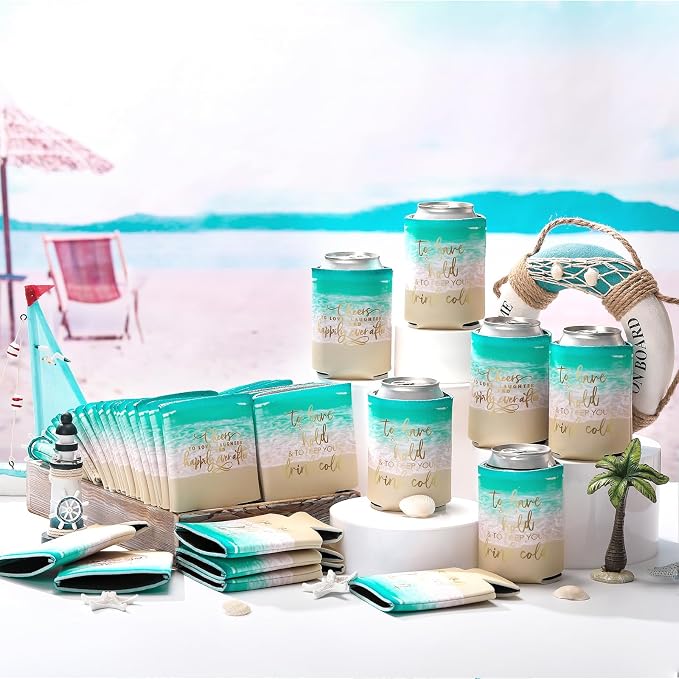 Qinyoung 50 Pieces Beach Theme Wedding Can Cooler Bulk Engagement Party Favors for Guests Cheers to Love Laughter and Happily Ever After Rehearsal Dinner Decorations for Wedding Bridal Party