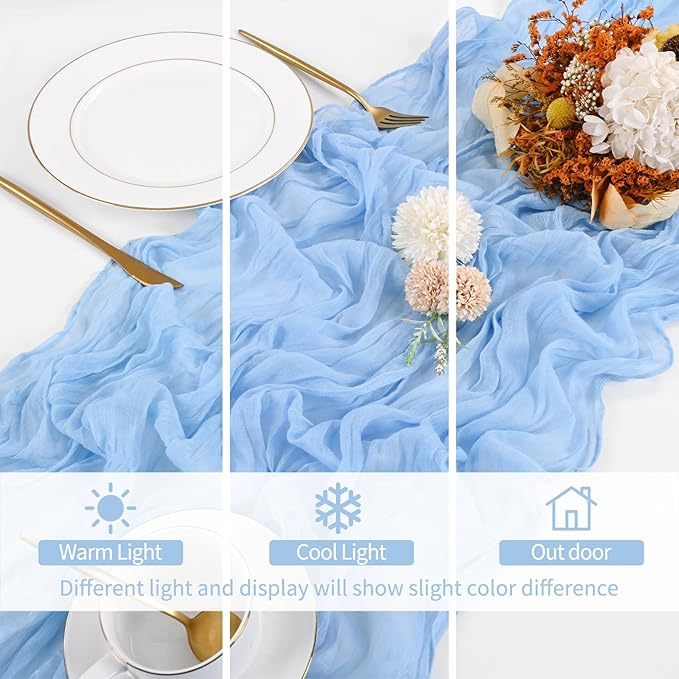 8 Pack Light Blue Cheesecloth Table Runner 120 Inch 10FT Spring Boho Rustic Sheer Gauze Cheese Cloth Table Runner for Wedding Baby Shower Birthday Party Table Decor