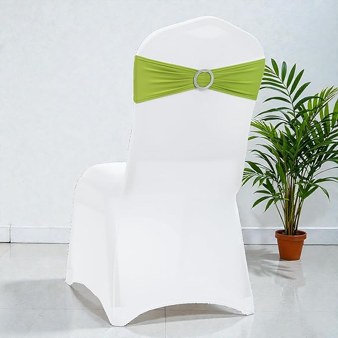 VDS - Apple Green | Spandex Chair Sashes Bows | 200 PCS | Stretch Elastic Banquet Universal Folding Chair Band Tie with Silver Buckle Slider for Wedding Party Conference Celebration Event Decoration