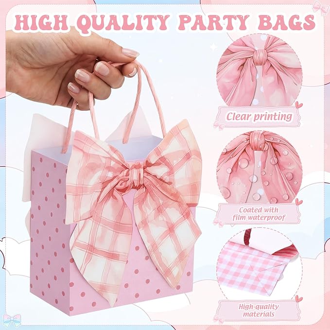 Tosstuki 24 Pcs Pink Bow Party Favor Bags 3D Coquette Bow Birthday Gift Goodie Bags with Handles Cute Girly Treat Paper Bag for Women Birthday Wedding Party Decorations Supplies
