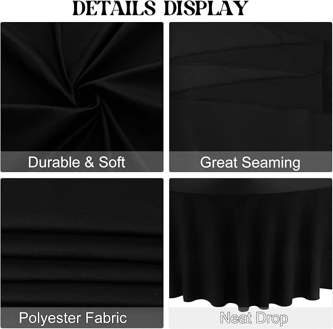 4 Pack Round Tablecloth 120 Inch Black Polyester Washable Fabric Table Covers for Wedding Dining Table Buffet Parties Banquet Decor