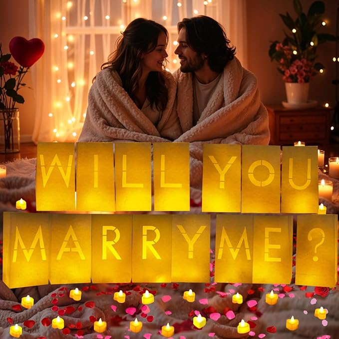 Will You Marry Me Light Up Letters Luminary Bags, Marry Me Sign Banner, Romantic Proposal Decoration Kit with 30PC Bright LED Candles and 2000PC Fake Rose Petals