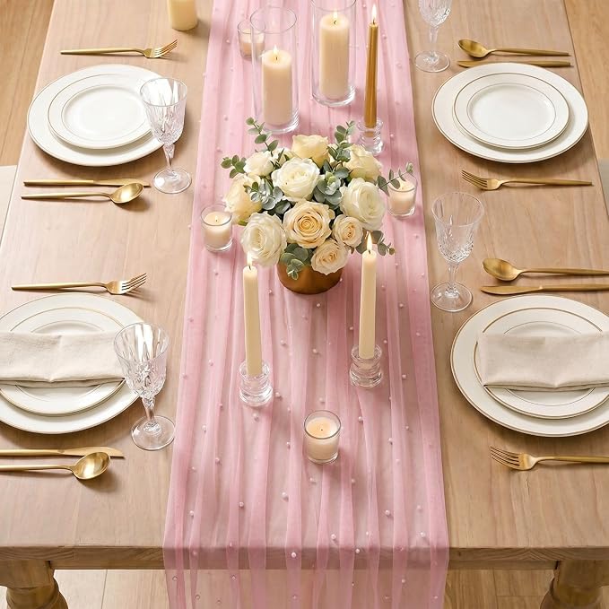 Artoid Mode Pearl Pastel Pink Gauze Table Runner 120 Inch 10FT, Seasonal Sheer Dining Holiday Wedding Birthday Baby Shower Table Decor for Home Party