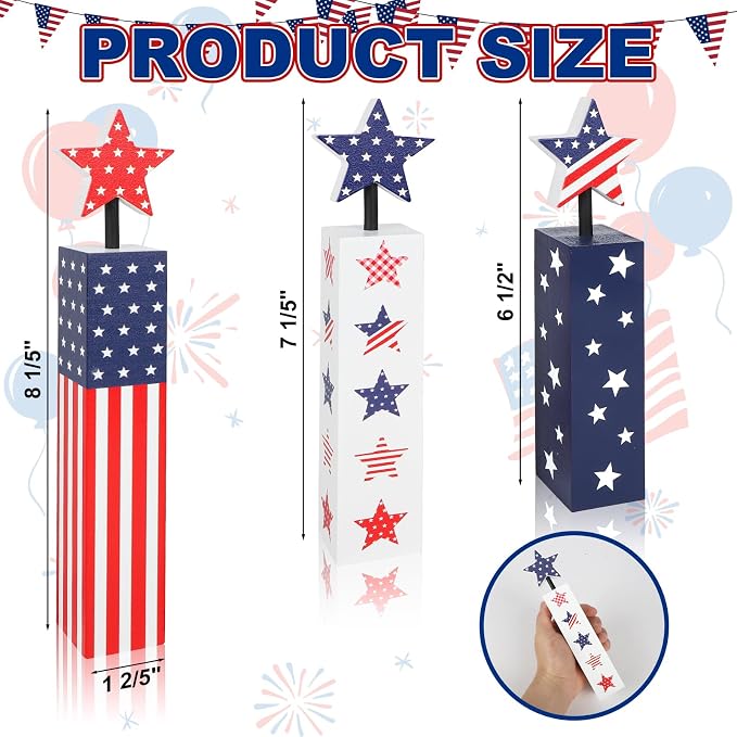 COCHIE 4th of July Decorations Set, Red White Blue Decor, Wooden Patriotic Memorial Day Tiered Tray Decor, Labor Day Decorations, Fourth of July Decoration for Home Office Table (Flag Cute)
