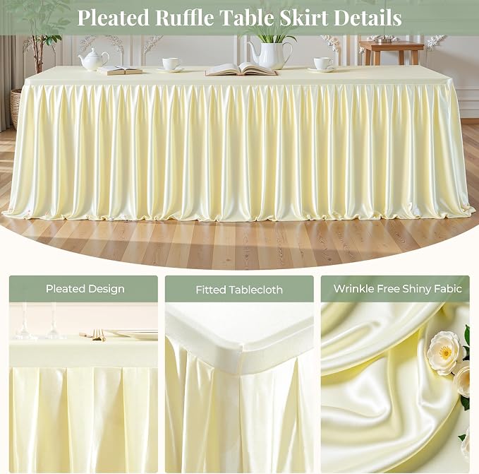 Champagne Satin Tablecloths Rectangle 4FT, Glitter Fitted Stretch Table Covers Wrinkle-Resistant Floor Length Shimmer Pleated Table Skirt for Weddings Parties Baby Shower Banquets Vendor Events