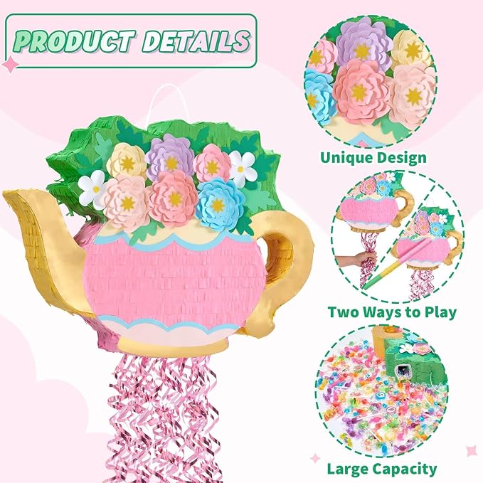 WERNNSAI Teapot Piñata - Tea Party Decoration Garden Flower Piñata for Afternoon Tea Party Decor Bridal Baby Shower Garden Party Supply Mother’s Birthday Favor with Blindfold Stick