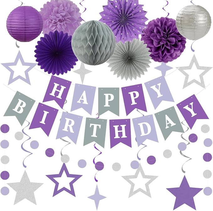 Lavender-Purple Silver Birthday Party Decorations - 19pcs Lilac Women Girls Streamers Banner,Paper Star Garland Lanterns Honeycomb Fan,Tissue Pom Poms,Wall Ceiling Backdrop Supplies Ouruola