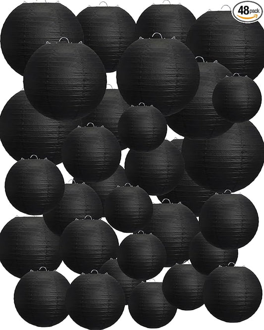 Treela 48 Pcs Paper Lanterns Party Decorations Chinese Round Paper Decor 4/6/8/10 Inch Asian Hanging Lamps Decorative for Birthday Party Wedding Bridal New Year Supplies(Black)