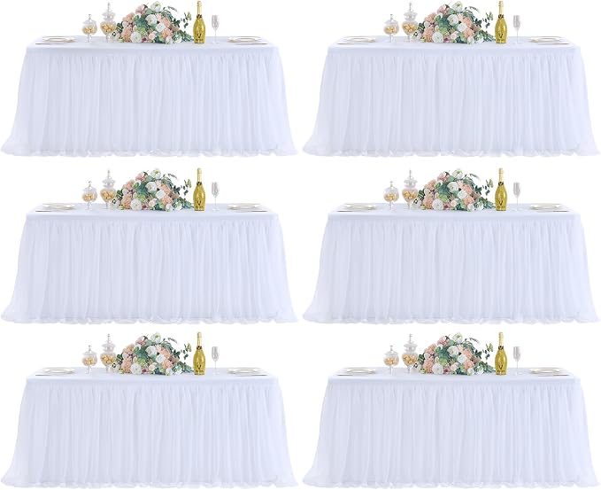 familus White Table Cloths 8 Foot Rectangle 6 Pack Stretch Ruffle Tulle Tablecloth Spandex Fitted Table Cover for 8 Foot Tulle Table Skirts for Party Wedding Table Cloths, Banquets