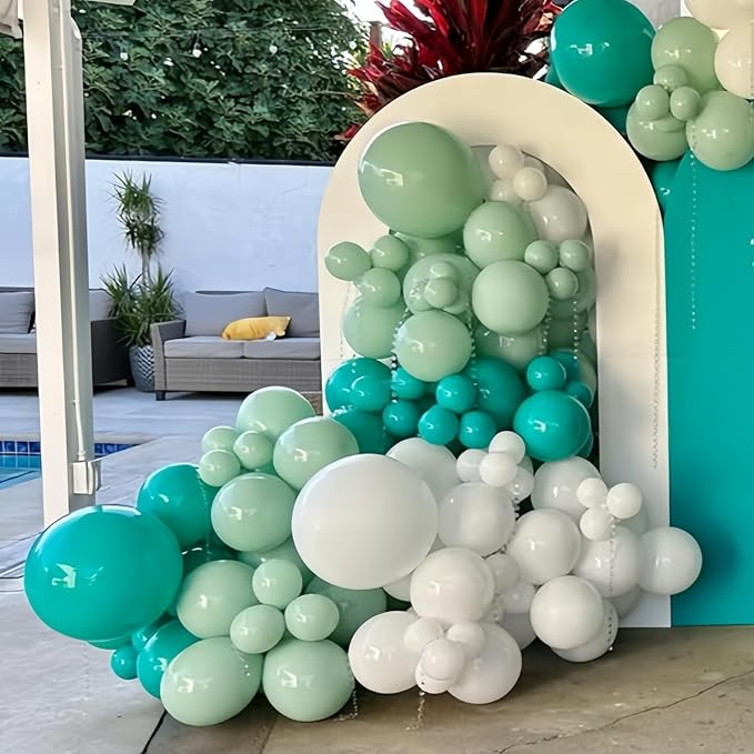 Teal Balloon Arch, Double Stuffed Chrome Teal Macaron Blue Green Balloon Garland, Pearl White Sand Metallic Turquoise Mint Green Balloons for Birthday Under The Sea Ocean Shark Beach Theme Party Decor