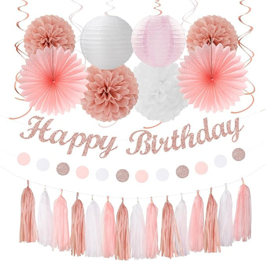 Rose-Gold Pink-White Happy Birthday Party-Decorations - 31pcs Sweet First 16 18th 21st Women Girls Paper Lanterns Streamers Banner,Tissue Pom Poms Decor,Flower Fans Tassels Graland Supplies Hugmoon