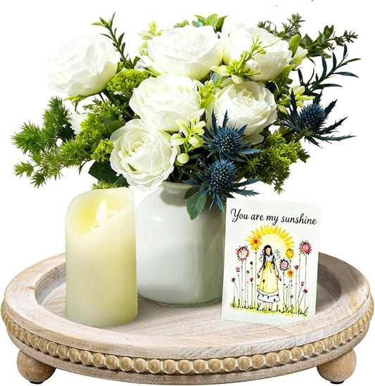 Larger Wood Round Tray for Wooden Coffee Table Decor, Wood Raise Candle Tray Holder Plate, Farmhouse Decorative Trays, Rustic Serving Tray for Kitchen Table, Home Decor, Living Room, Wash White, 13"