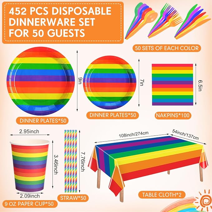 Funnymoom 452 Pcs 50 Guests Pride Party Supplies Decoration, Rainbow Pride Paper Plates Napkins Cups Tablecloth Cutlery Straws Gay Lgbt Disposable Tableware Sets for Rainbow Birthday Table Decoration