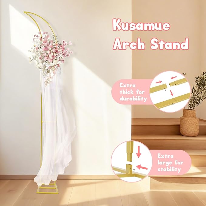 Metal Arch Backdrop Stand, Gold Curved Top Wedding Arch Set of 2 (6.85 FT/6.5 FT) Half Moon Wedding Arches Frames for Ceremony, Baby Shower,Birthday Party, Anniversary Graduation Decorations